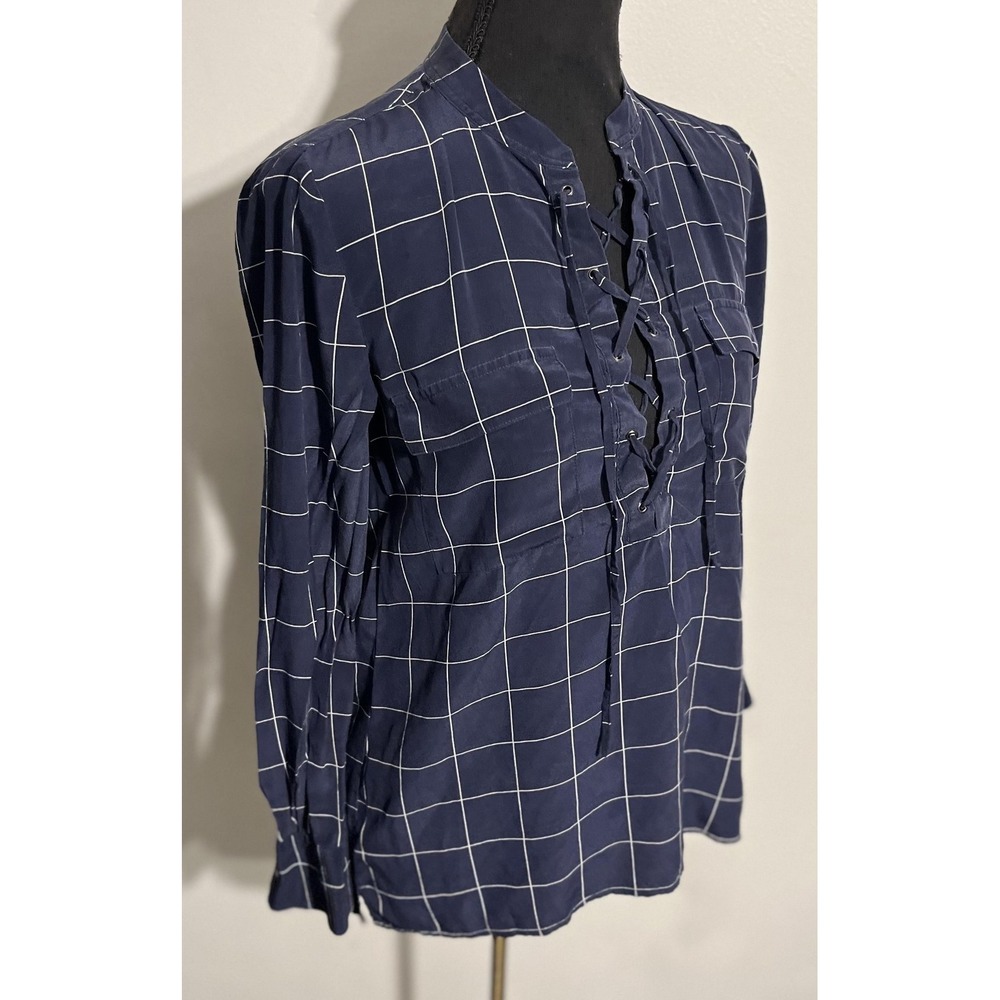 Madewell Shirt Womens XS Navy Windowpane Silk Lace-Up Long Sleeve Blouse Top - Picture 5 of 12